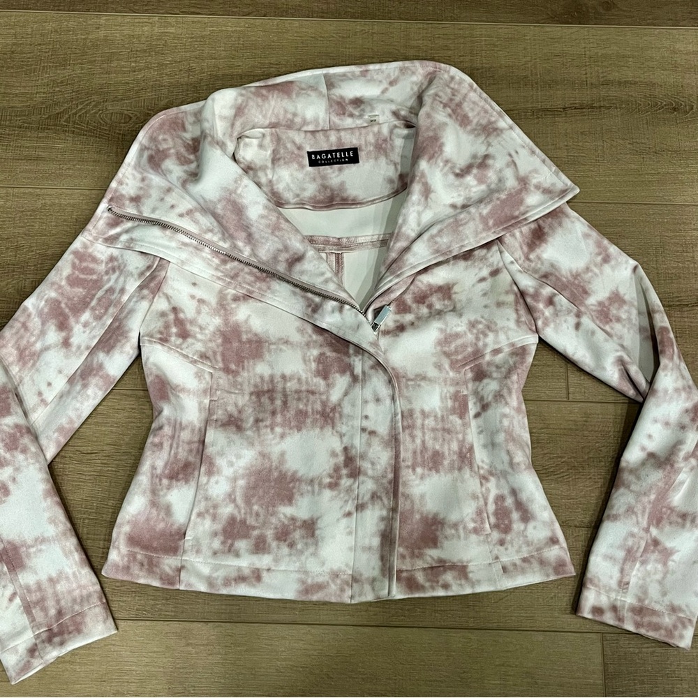 Bagatelle Pink Rose TieDye Asymmetrical Zip Faux Suede Moto Short Jacket XS Crop - Picture 7 of 16